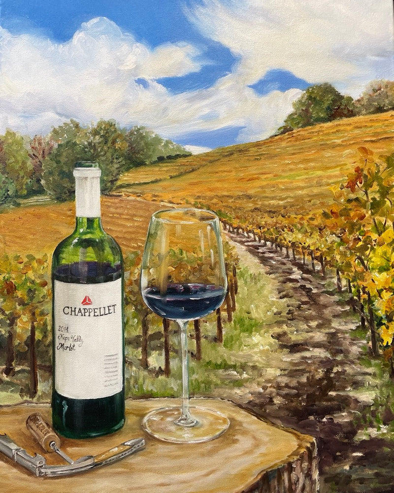 Painting of a bottle and glass of Chappellet wine with a vineyard background