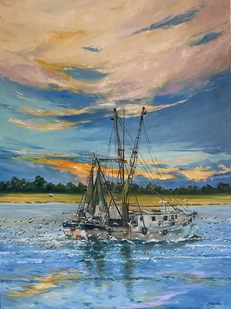 Painting of a ship on water with a colorful sky
