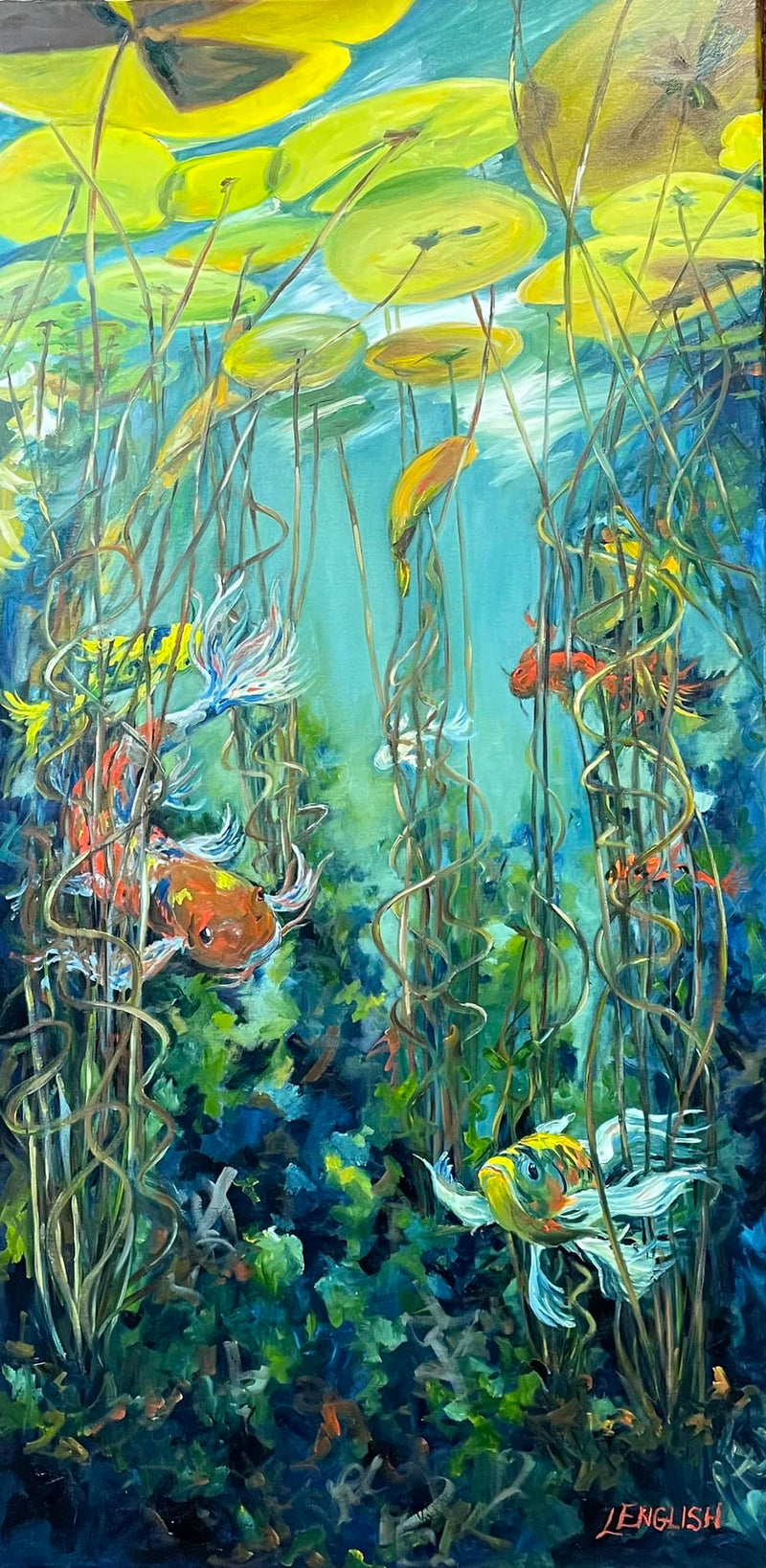 Underwater scene with fish and aquatic plants, featuring a dragonfly.