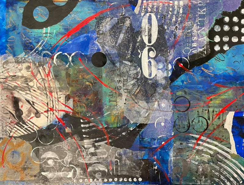 Abstract artwork with text and geometric shapes on a blue background