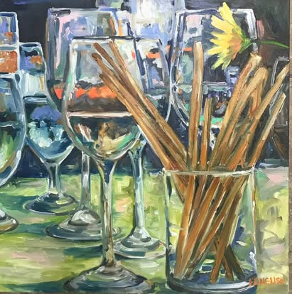 Painting of wine glasses and a glass of straws on a table.