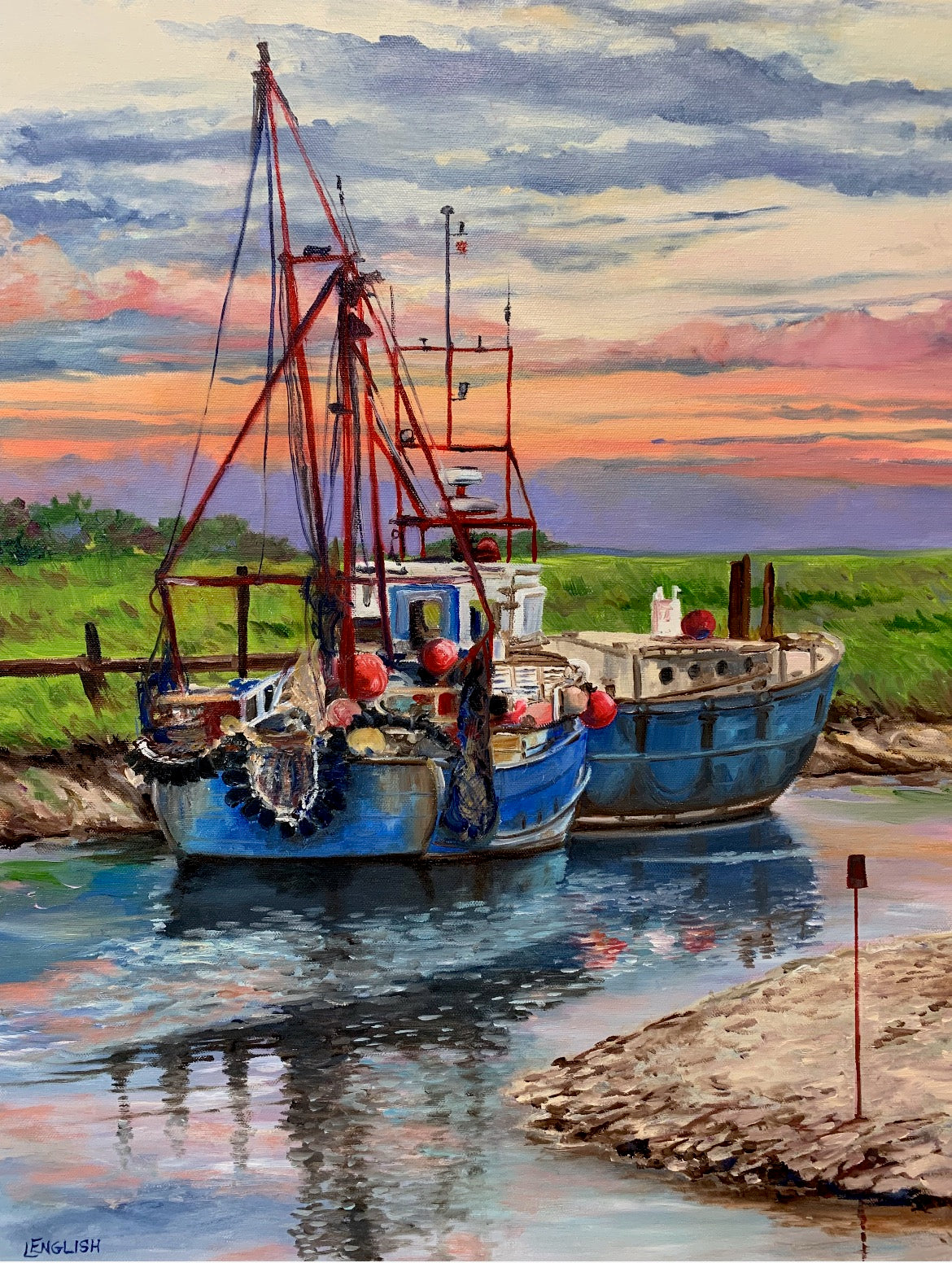 Painting of two boats docked at a shore with a colorful sky.