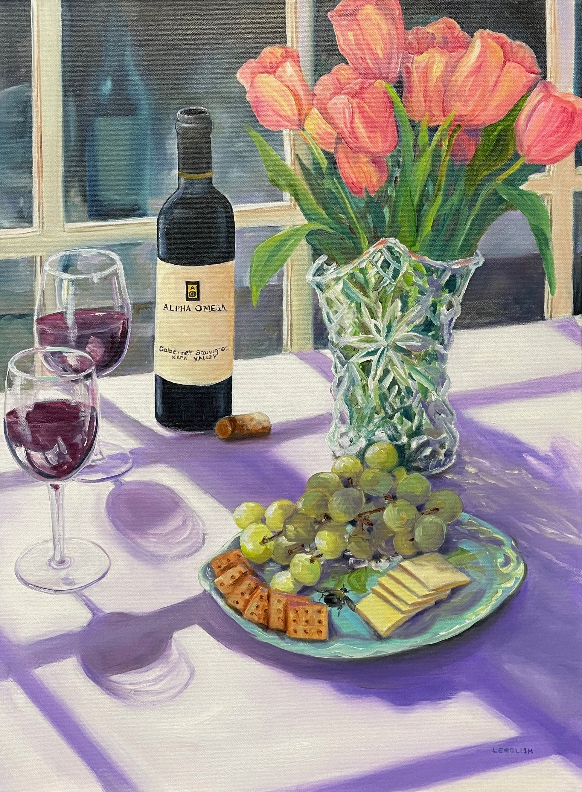 Table setting with wine, cheese, and grapes in a still life painting.