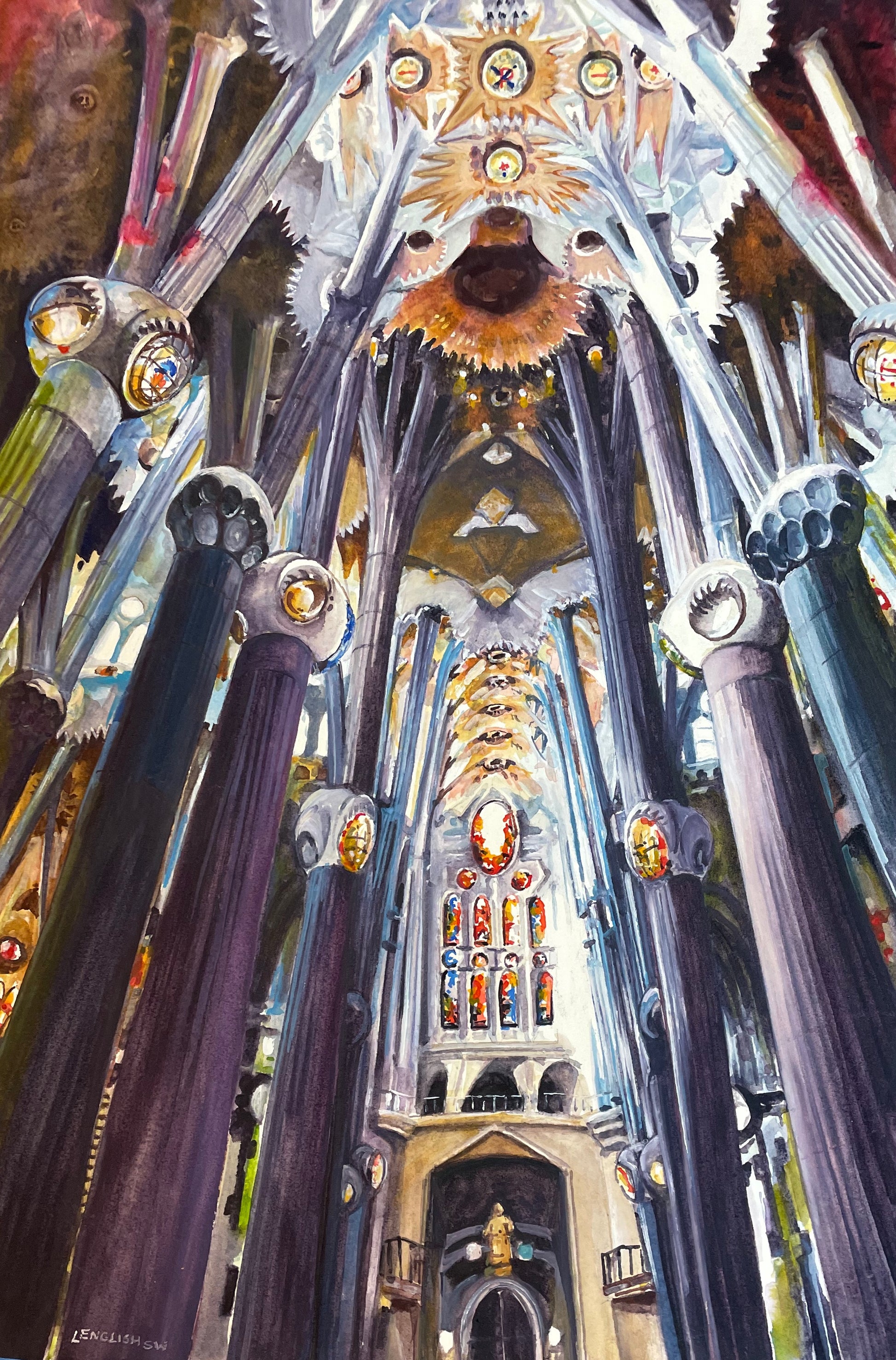 Artistic depiction of a cathedral interior with intricate architecture and stained glass windows.