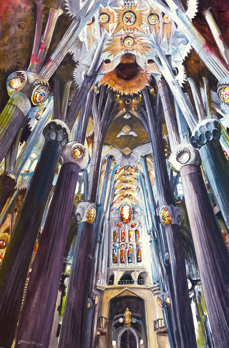 Artistic depiction of a cathedral interior with intricate architecture and stained glass windows.