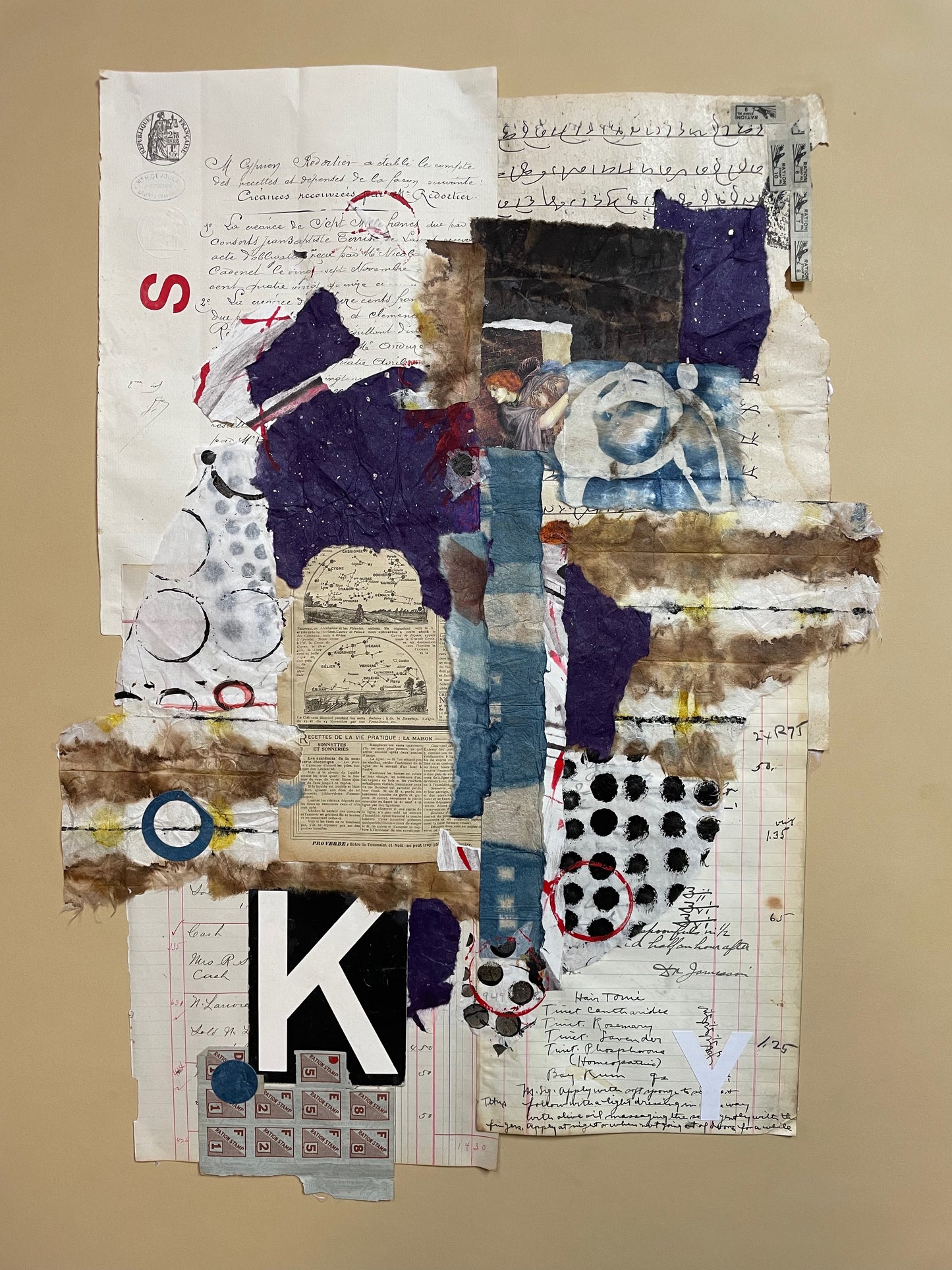 Collage art piece with text and abstract shapes on a beige background