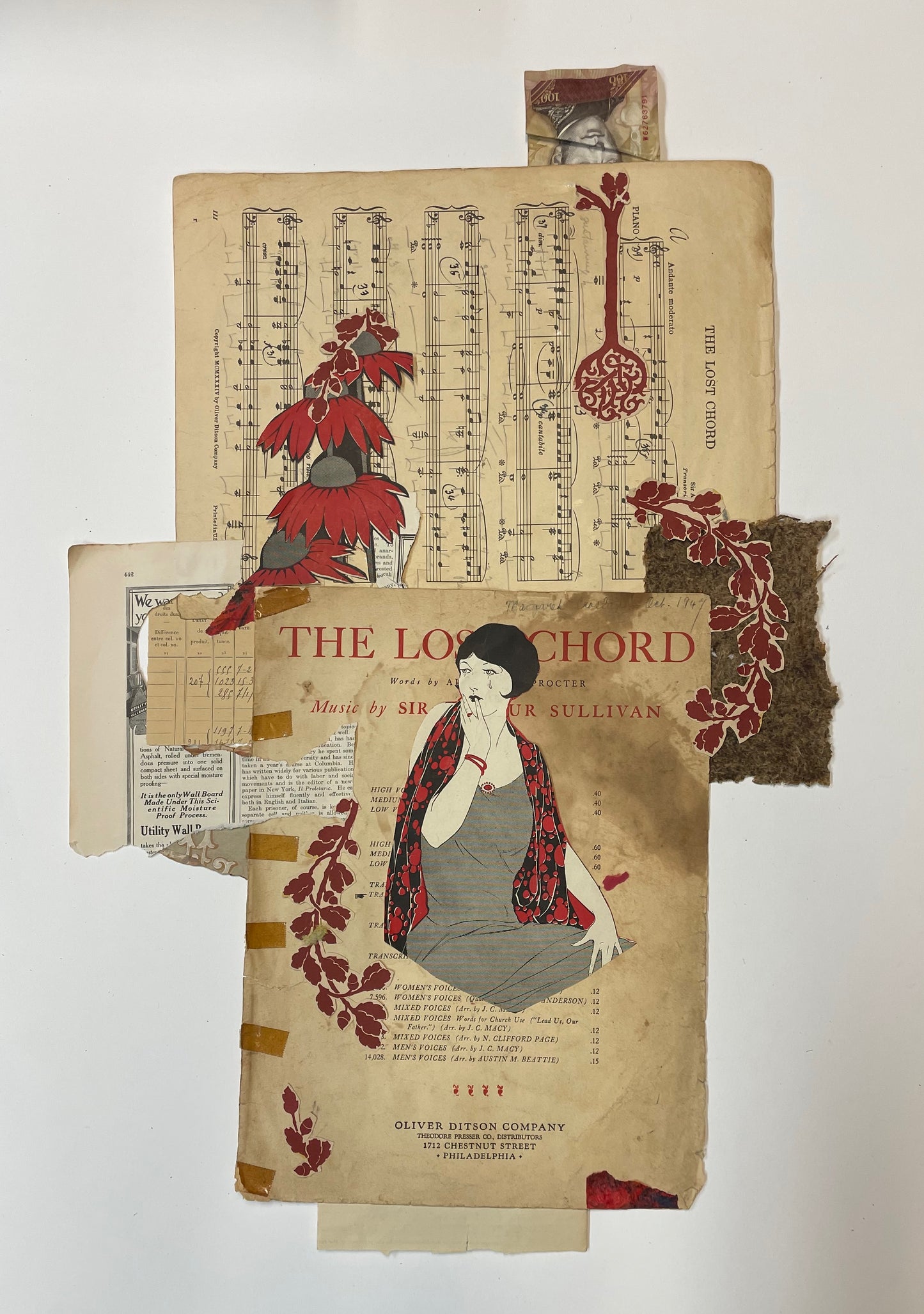 Collage of vintage book pages with music notes, a woman's illustration, and decorative elements on a white background.