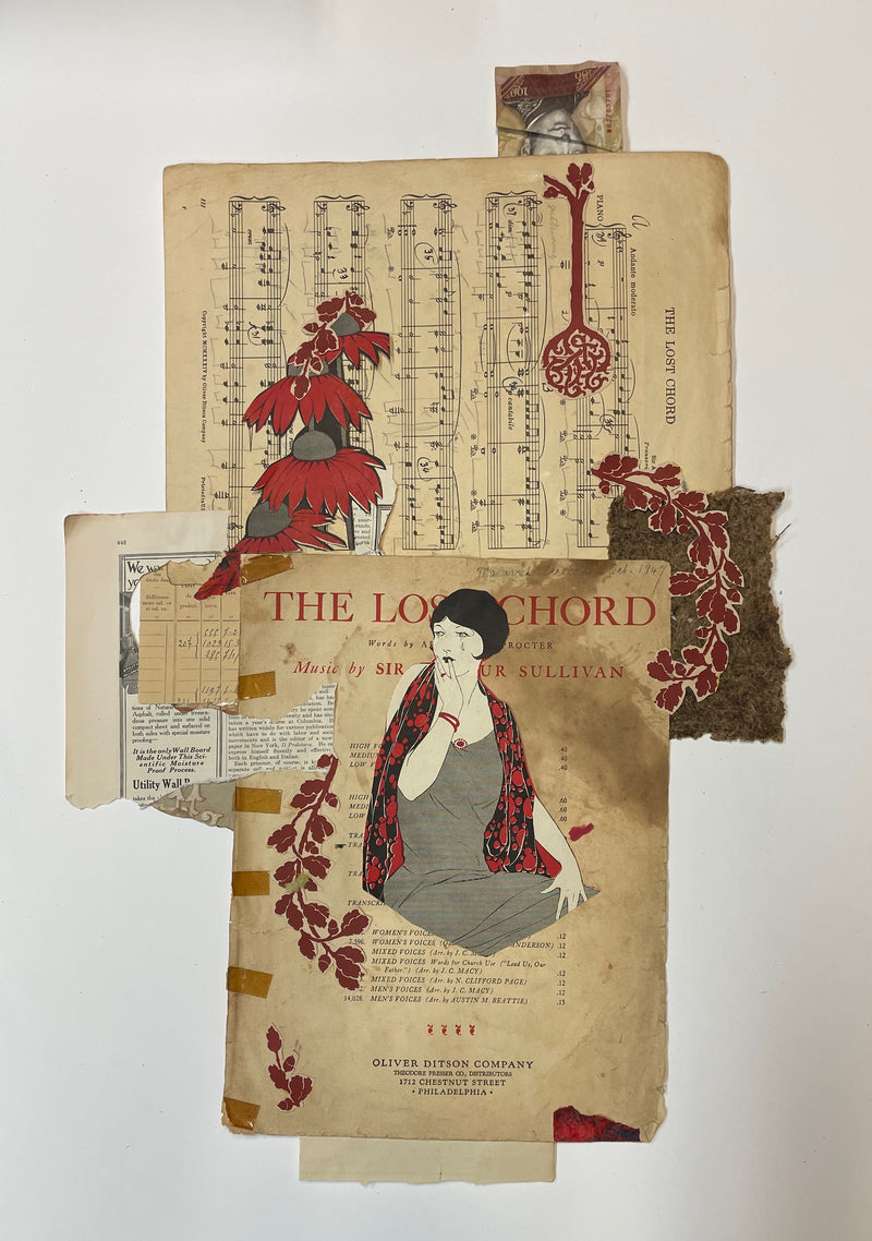 Collage of vintage book pages with music notes, a woman's illustration, and decorative elements on a white background.