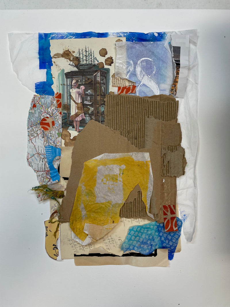 Collage art piece with various textures and colors on a white background