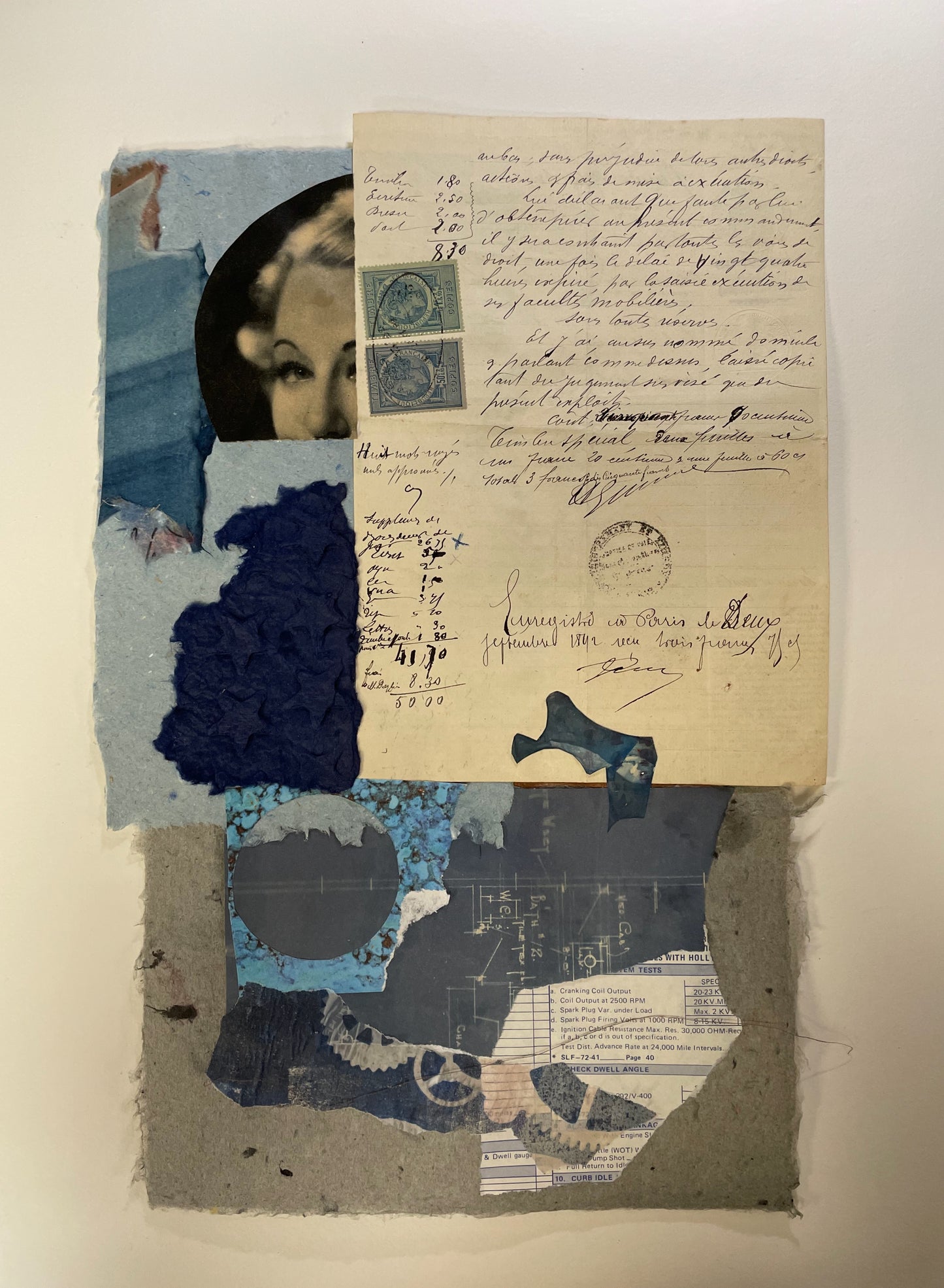 Collage art piece with text, images, and textures on a beige background