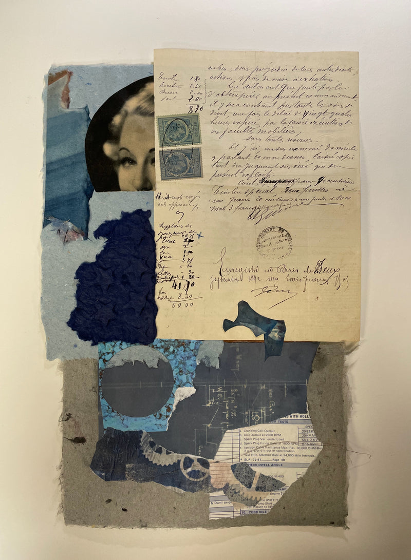Collage art piece with text, images, and textures on a beige background