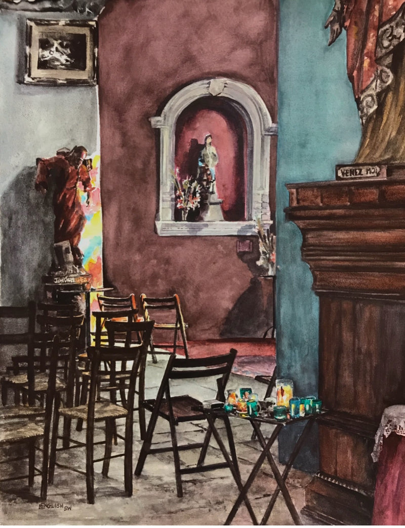Colorful interior scene with chairs, a table, and religious iconography.