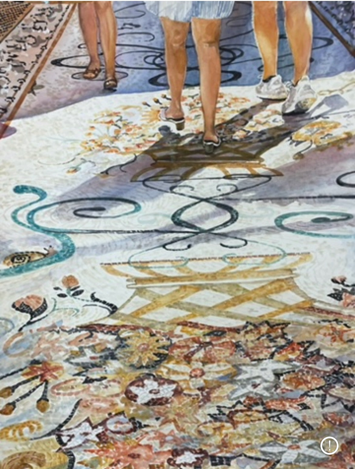 Decorative rug with intricate patterns and colors, featuring feet walking on it.