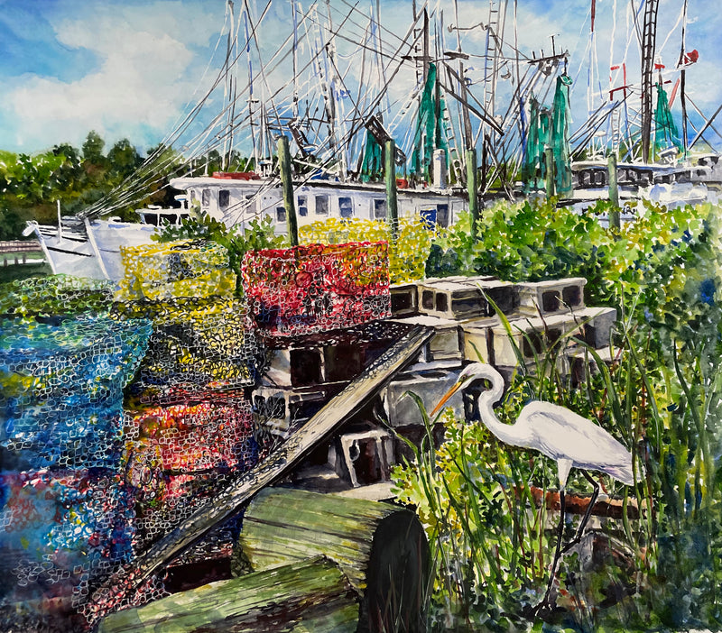 Marina scene with boats, lobster traps, and a heron in a colorful painting.