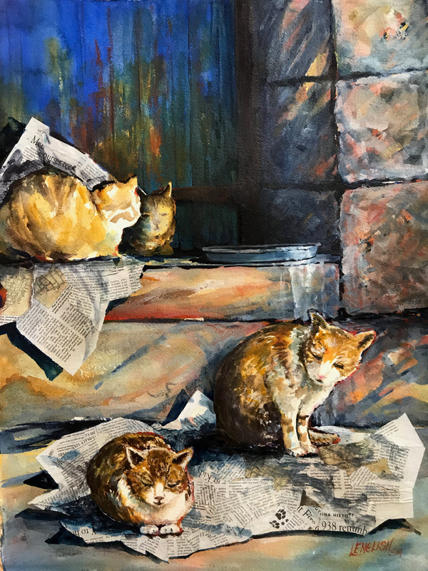 Painting of four cats on a stone floor with newspapers and a pot.