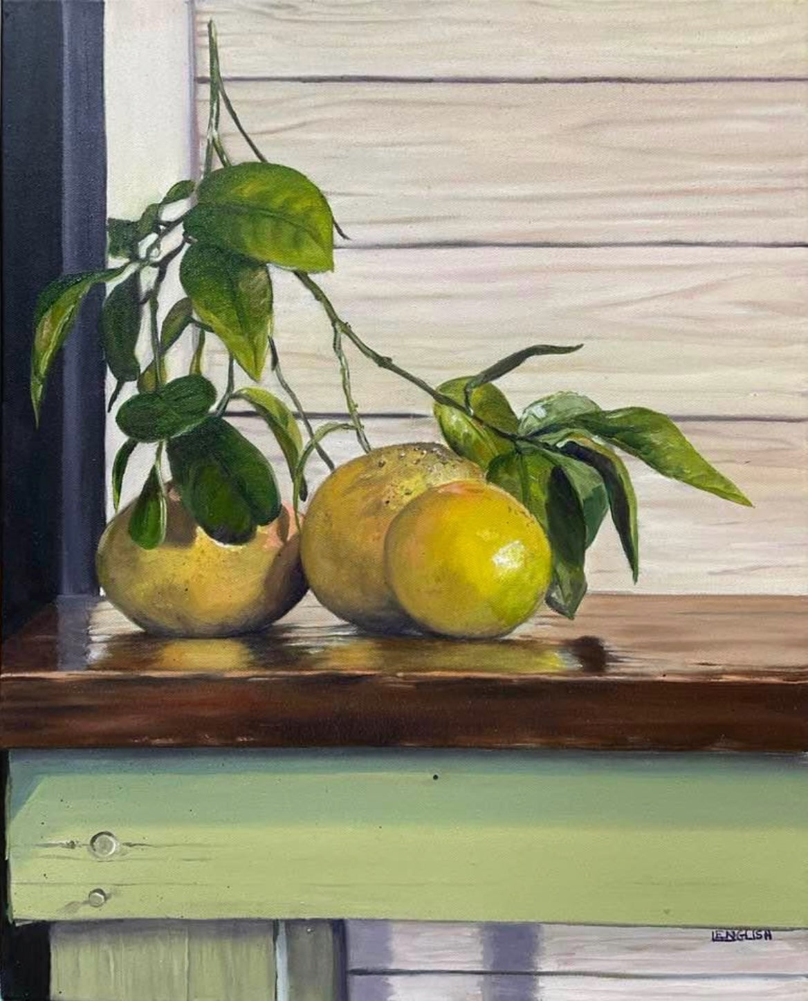 Painting of two grapefruits on a windowsill with blinds in the background.