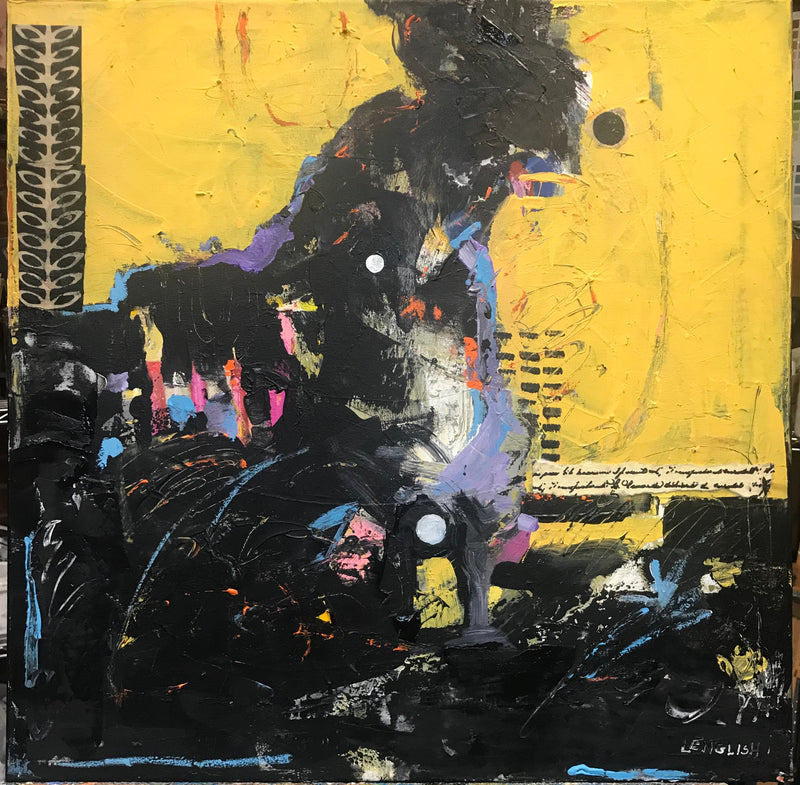 Abstract artwork with black, yellow, and blue colors on a textured background
