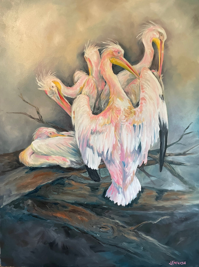 Painting of pink pelicans on a reflective water surface with a misty background