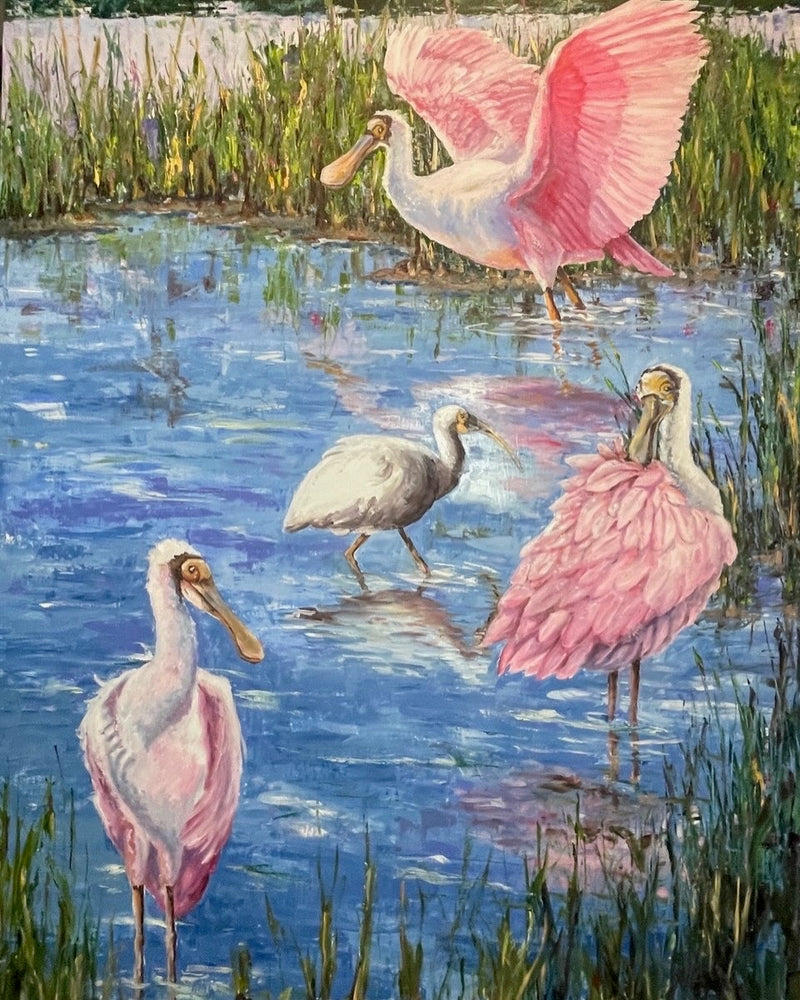 Artistic depiction of pink and white birds wading in water with greenery
