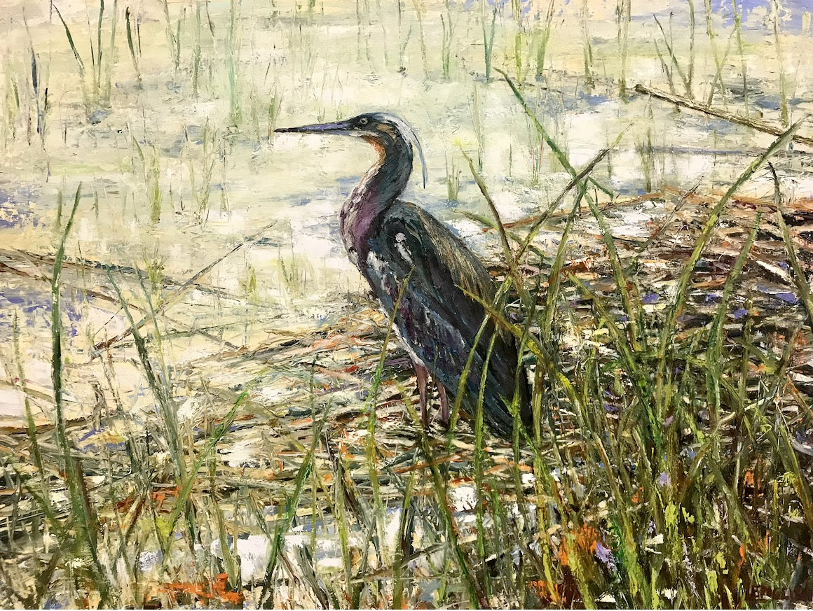 Painting of a heron in a marshy area with grass and water.