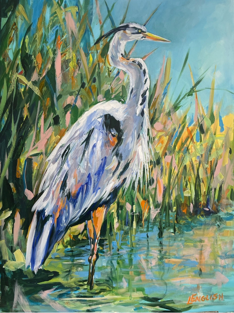 Painting of a heron in a natural setting with water and reeds.