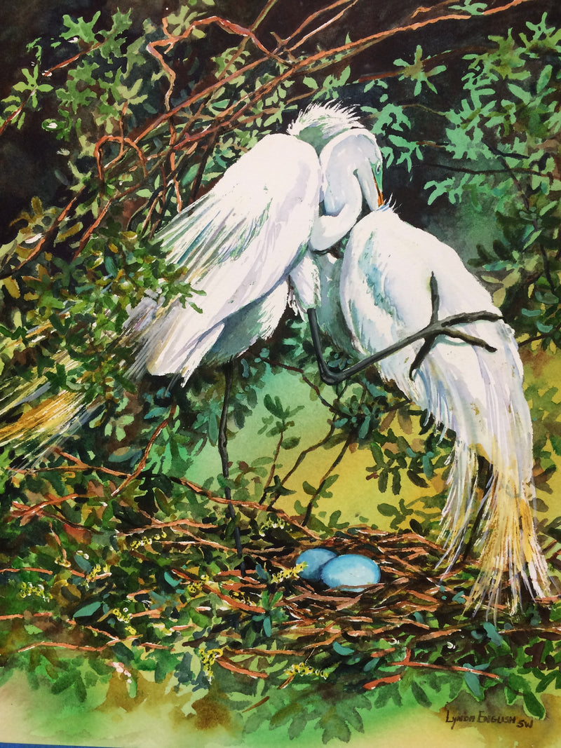 Two white birds on a branch with a nest and eggs in the background