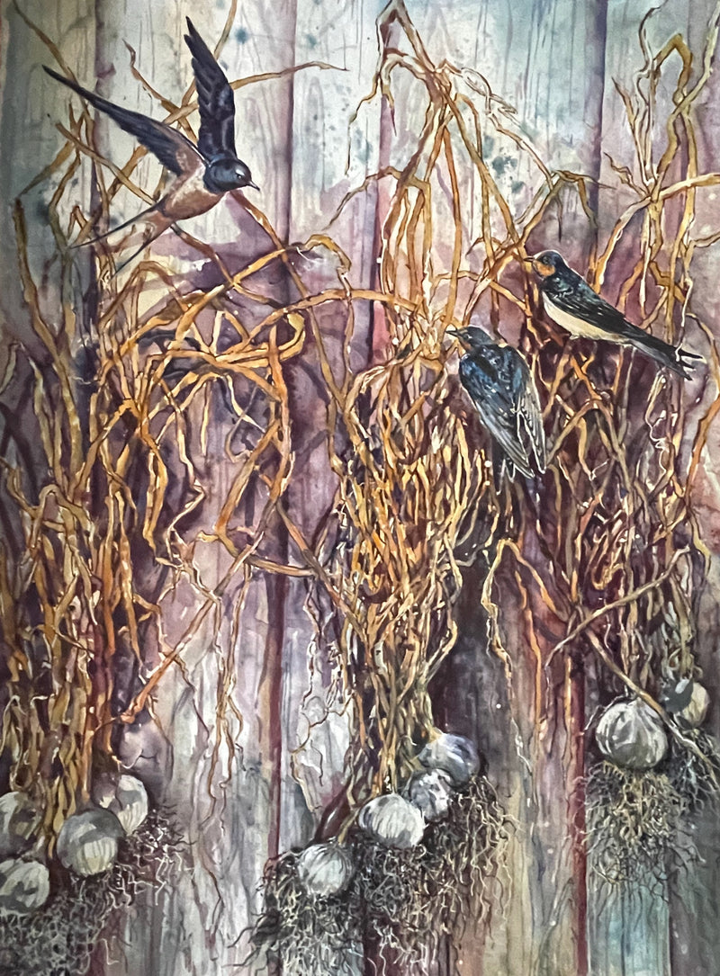 Artistic depiction of birds perched on branches with a textured background