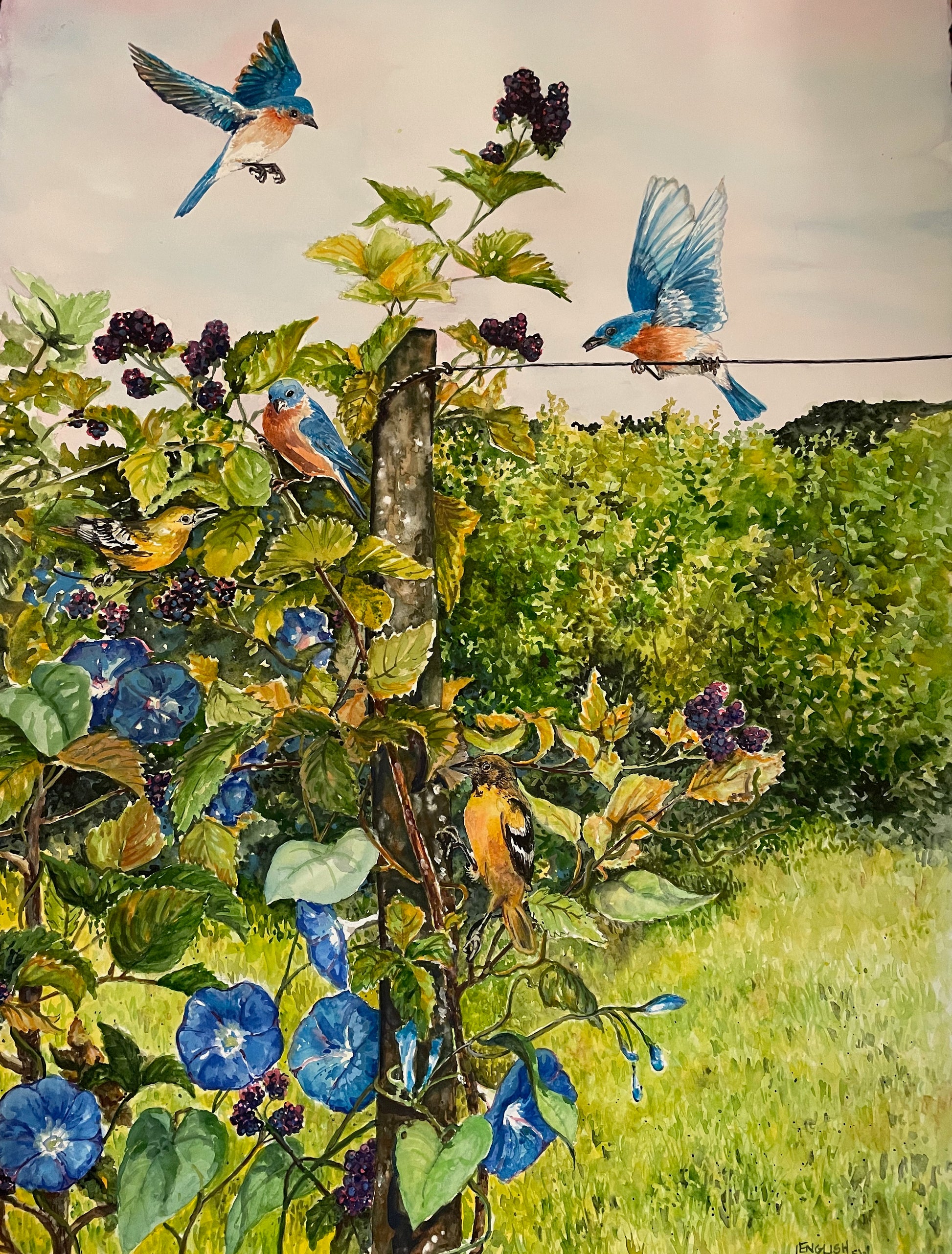Artistic depiction of bluebirds perched on a wire with greenery and flowers in the background