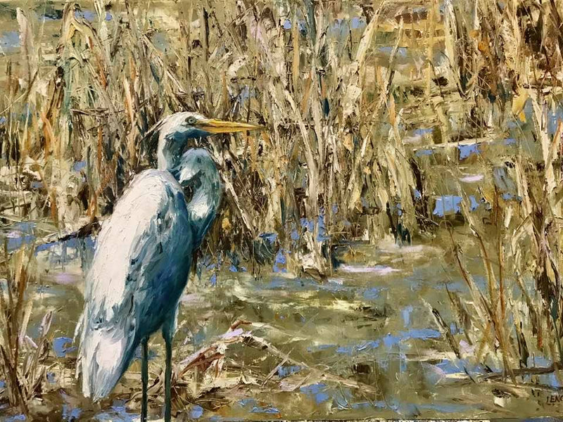 Painting of a heron standing in a marshy area with reeds and water.