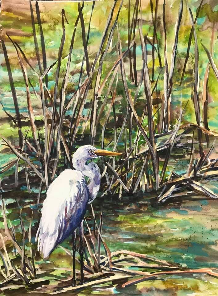 Painting of a heron among reeds and water