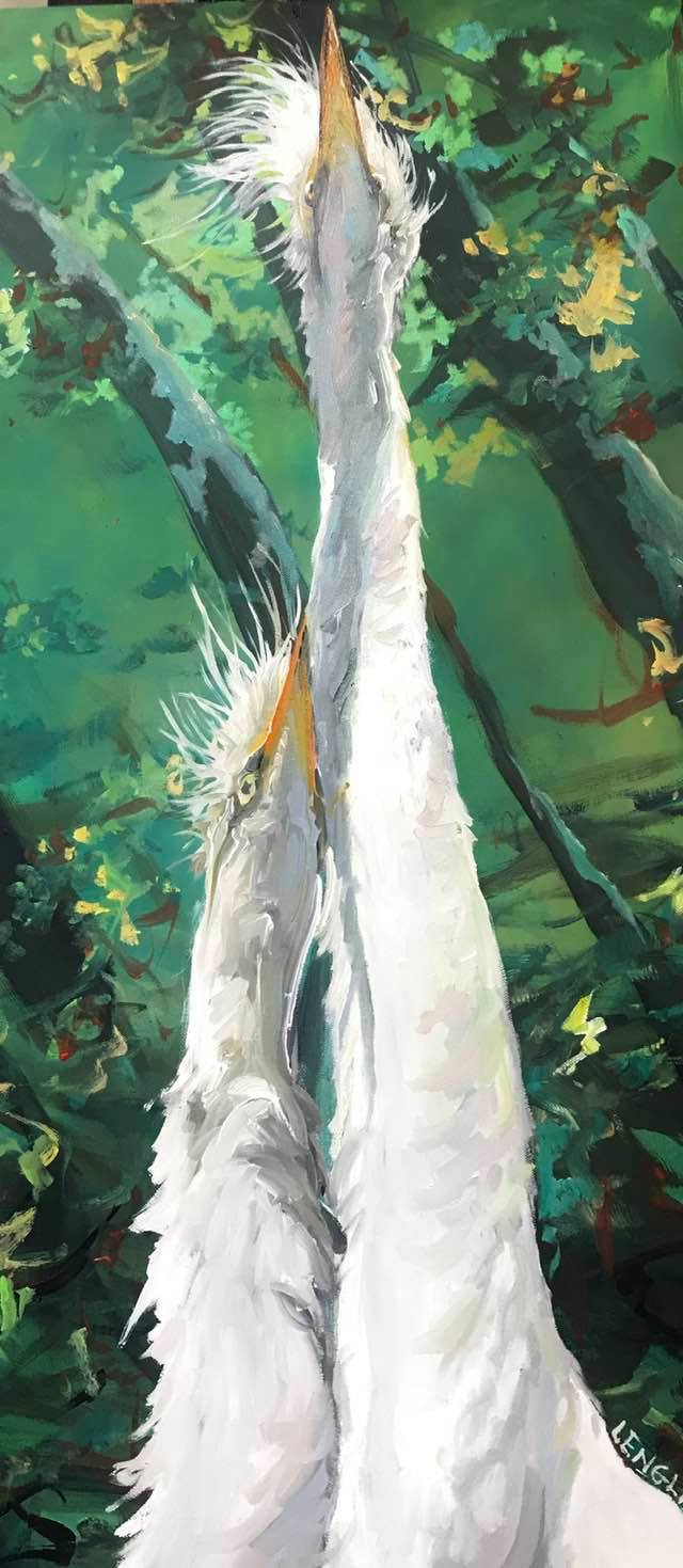 Painting of a tall white bird with a green forest background