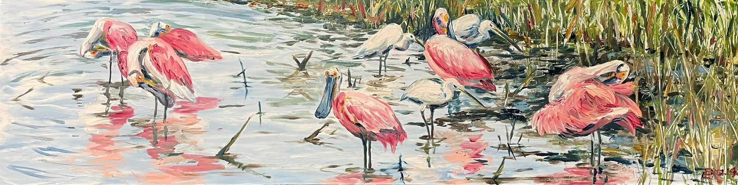 Painting of pink flamingos and egrets in a marshy area with water and reeds.