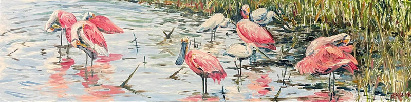 Painting of pink flamingos and egrets in a marshy area with water and reeds.