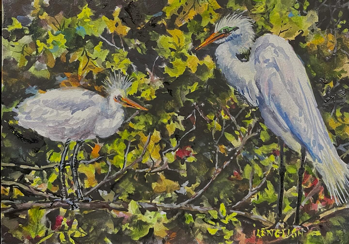 Two white birds perched on branches with a green leafy background