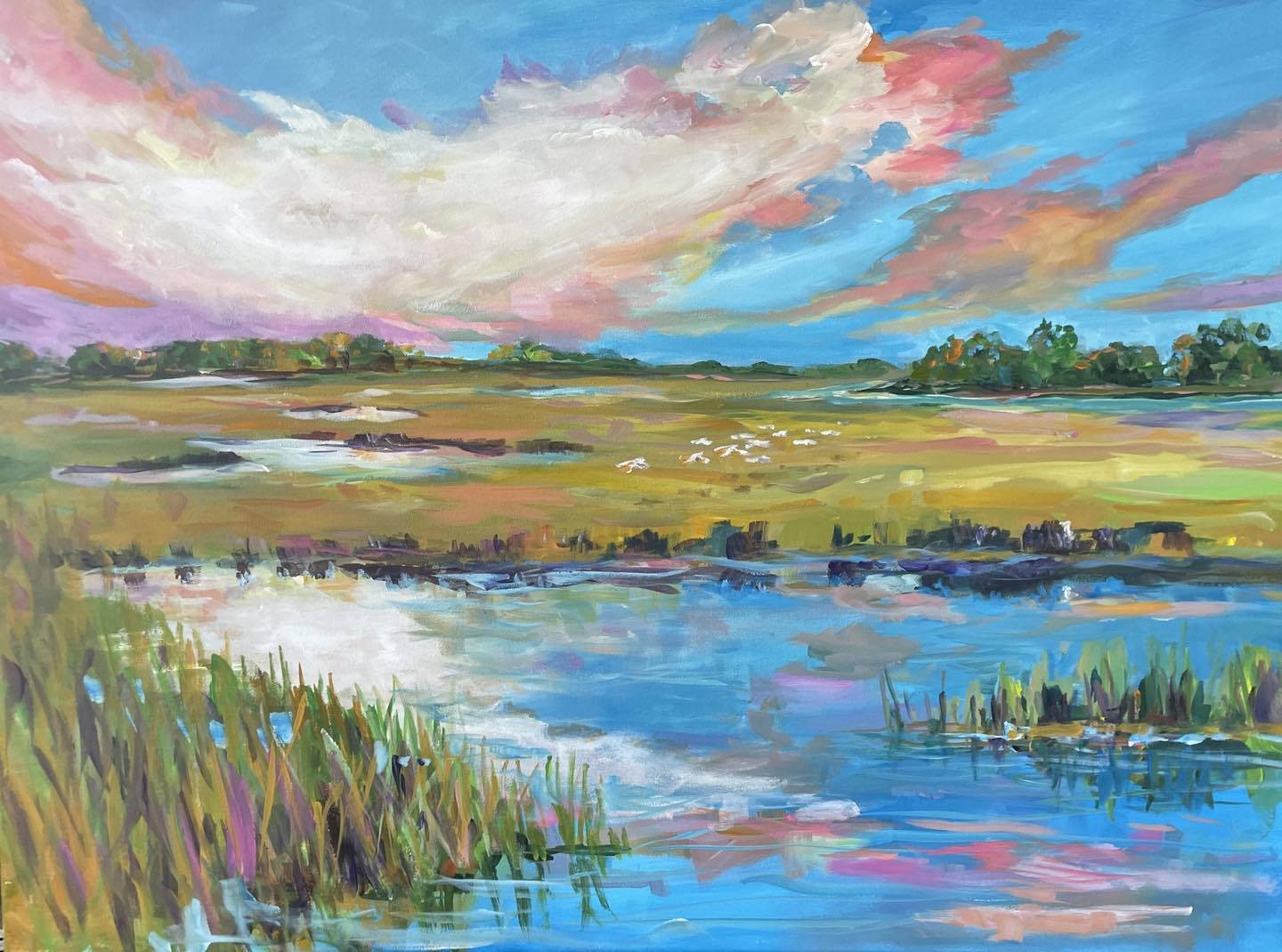 Painting of a landscape with water, grass, and colorful sky.