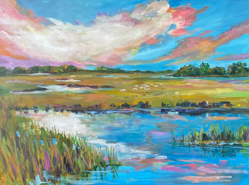 Painting of a landscape with water, grass, and colorful sky.