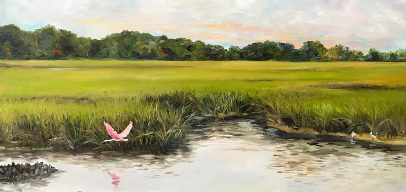 Painting of a pink flamingo in a marsh with trees and sky in the background