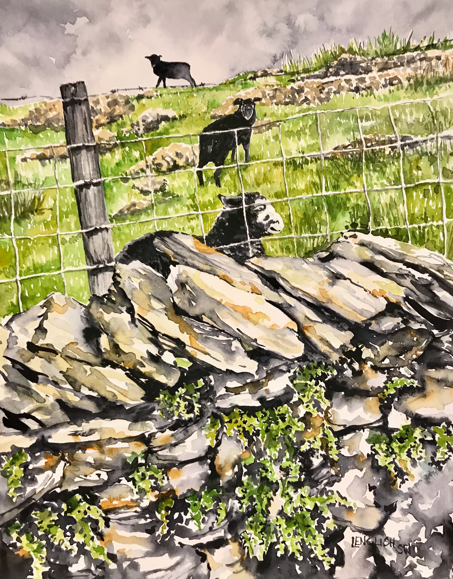 Artistic depiction of a stone wall with sheep in a field