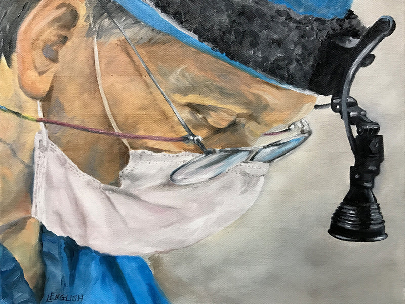 Close-up of a horse's head wearing a face mask with a watercolor background