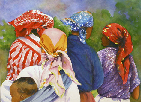 Artistic depiction of women with colorful headscarves against a natural background